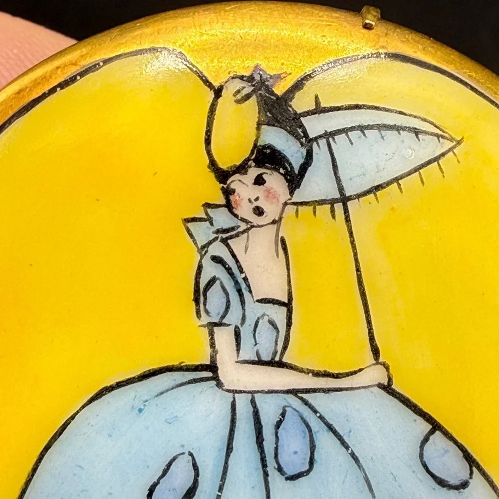 Vintage Victorian Painted Porcelain Brooch Yellow Woman With Umbrella